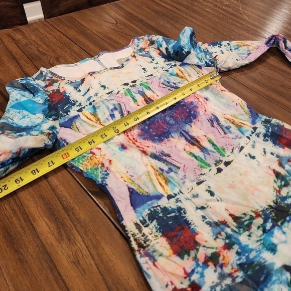 White suede brand Long sleeve bodycon fitted art multicolor abstract mini dress - Picture 13 of 15